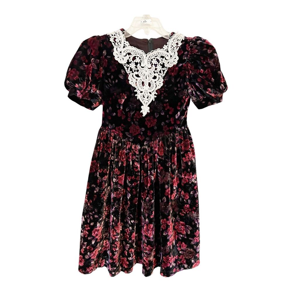 E2 Jessica McClintock Gunne Sax VTG Velvet Floral Lace Collar Dress Sz 6